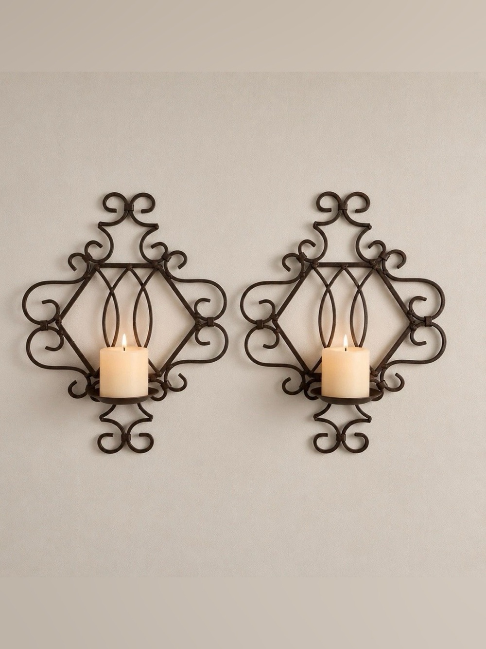 Pair of Wrought Iron Wall Sconces Candle Holder Brown Gothic Rustic Scroll Decor